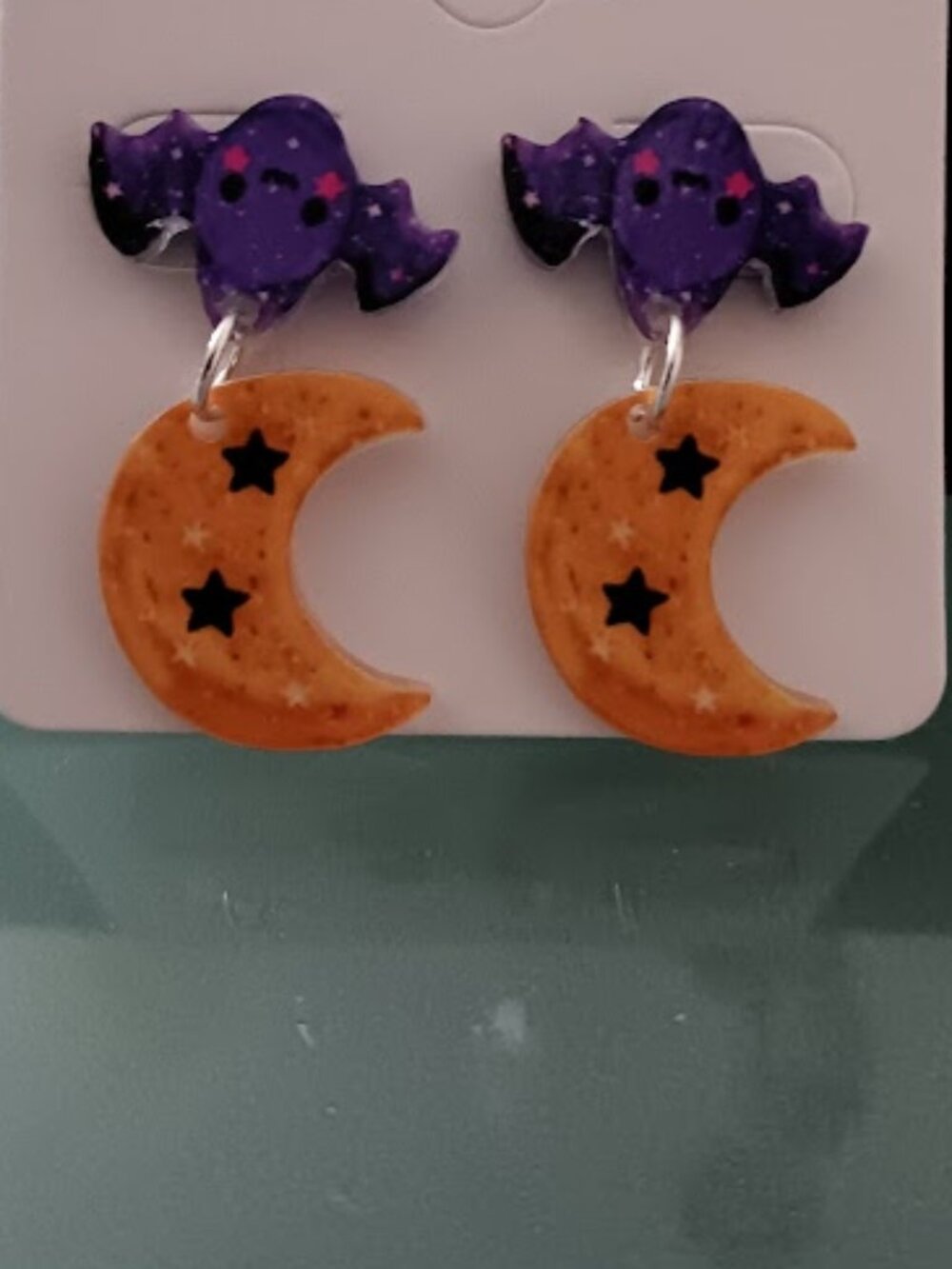 DESIGNER Halloween Bat Crescent Moon Stars Acrylic Drop Earrings**NEW!